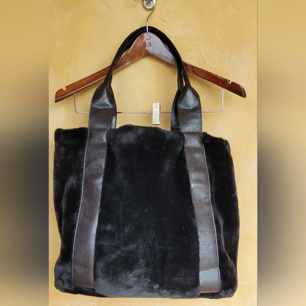 Sondra Roberts Classic Square Black Faux Fur Open Tote Bag + Gunmetal ZipCase